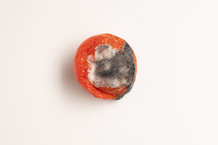 Rotten tomato with mold and fungi closeup on a white background.の写真素材