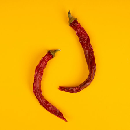 Red dry hot chili peppers on yellow background.