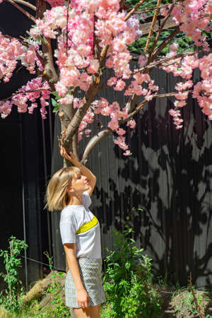 beautiful young woman in blooming cherry blossoms garden in early springの写真素材