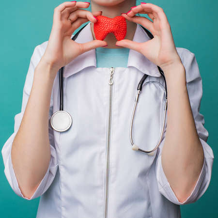 A young female doctor holds a model of a person's thyroid in her hands. The concept of protection...