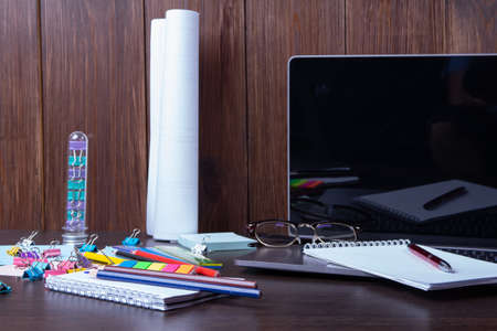 Working with a laptop computer with a connection to a webinar to view e-business, business conceptの写真素材