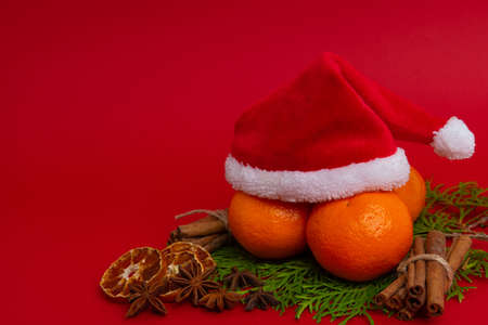 A beautiful New Year's composition on a red background. New year and christmasの写真素材