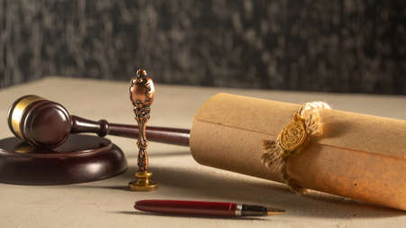 Gavel Notary's public pen and stamp on testament and last will. Notary public toolsの写真素材