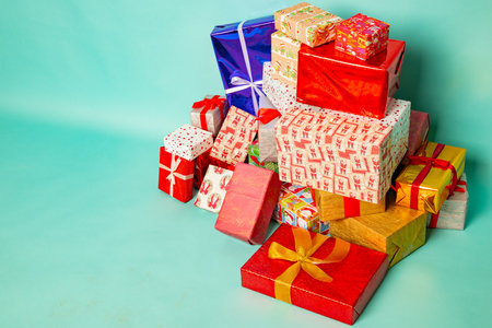 Christmas gifts box lie on blue background