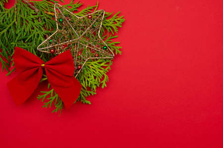 A beautiful New Year's composition on a red background. New year and christmasの写真素材
