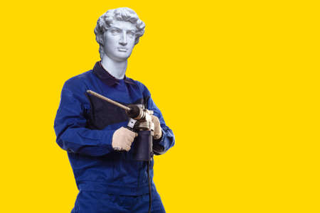 Abstract modern collage. The man with the plaster head of David with a puncher on a yellow...