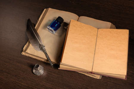 Quill pen and inkwell resting on an old book concept for literature, writing, author and historyの写真素材