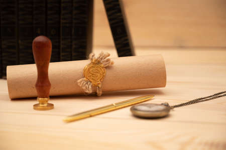 Vintage stamp, envelope and testament. notary public tools