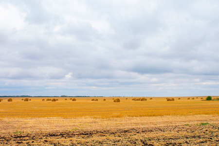 Hay bail harvesting in golden field landscapeの写真素材