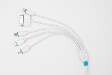 Five types of peripheral connections and a charging or data cable isolated on white background.