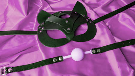 adult sex games. BDSM items. Leather mask cat and pink gag ball on a purple satin sheet.の写真素材
