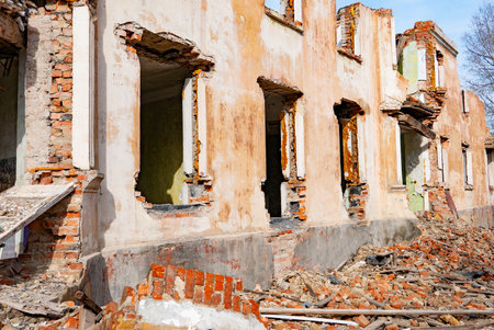 Post-war landscape. Destroyed building. War ruins. Destroyed city after the bombing. dead city. bombed buildings. Debris buildings. war destruction.の写真素材