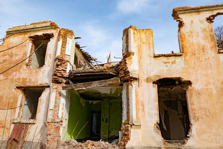 Post-war landscape. Destroyed building. War ruins. Destroyed city after the bombing. dead city....
