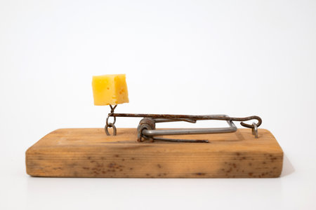 Close up of mouse trap on old wooden table.
