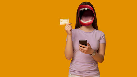 contemporary art collage. Composition with young woman headed of female mouth showing credit card...