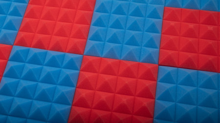 Acoustic foam panel background with red and blue lighting. music backgroundの写真素材