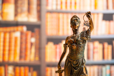 lawyer office. Statue of Justice with scales close-up against the backdrop of a wall of books or a library . Legal law, advice and justice conceptの写真素材