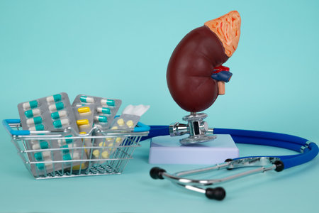 mockup kidney and stethoscope with a basket of pills lies on a blue backgroundの写真素材