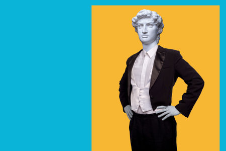 modern art collage. Concept Gypsum head of David's Man in tailcoat suit