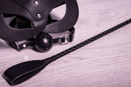 adult sex games. Kinky lifestyle. Bdsm outfit Leather cat mask with riding crop spank and gag ballの写真素材