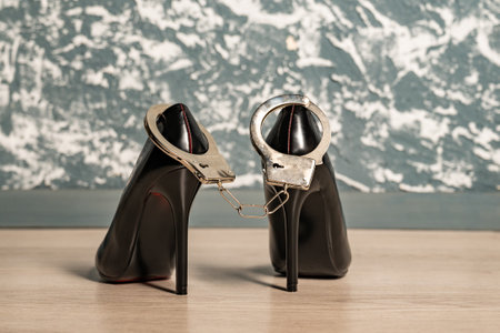 adult sex games. Kinky lifestyle. Pair of black high-heeled shoes and handcuffs. bdsm outfitの写真素材