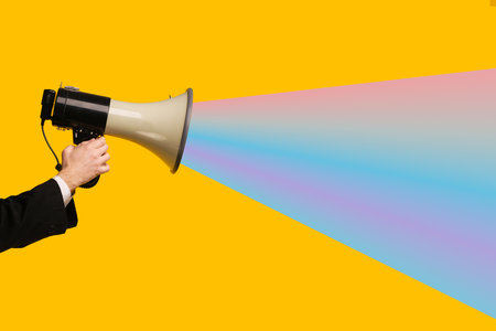 contemporary art collage. Human hand holding megaphones and spreading fake news.の写真素材
