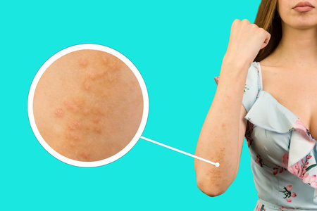 Macro detailed circles magnification psoriasis arm skin with different degrees wounds. Dry flaky skin on hand with allergies, eczema, fungus, rash and blemishes. Autoimmune genetic diseaseの写真素材