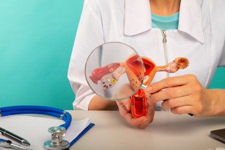 Male doctor showing a model female reproductive organs using magnifying glass. Early diagnosis and...