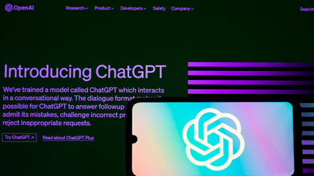 OpenAI company logotype seen on smartphone and laptop display website ChatGPT . AI chatbot by OpenAI. Kyoto city, Japan - May 05, 2023のeditorial素材
