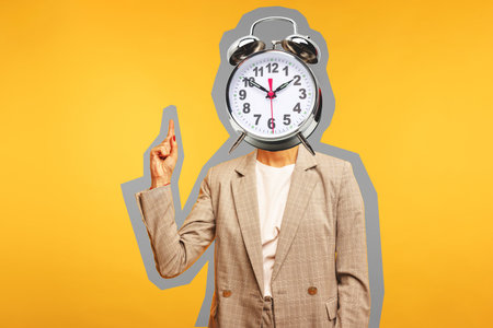 Contemporary Art Collage, Concept of time management. Businesswoman with an alarm clock instead of...
