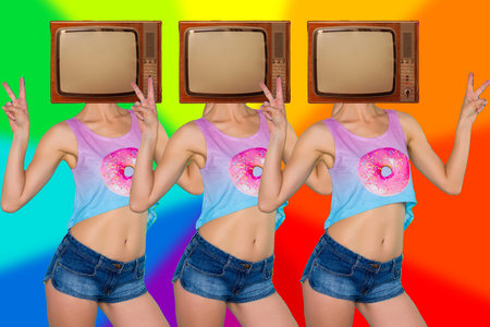 Modern minimal retro collage art. Tv Lady shows victory sign on rainbow background. News, propaganda concept.の写真素材
