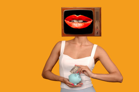 Contemporary art collage, woman with old tv instead of head. hand putting 100 dollars into piggy for saving money wealth and financial concept.の写真素材