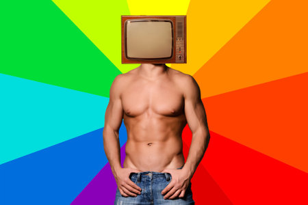 Modern minimal retro collage art. Young sexy muscular macho man posing with naked torso with a...