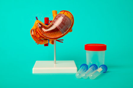 Anatomical model of human stomach with test tubes and jar for analysis on blue background. Early...