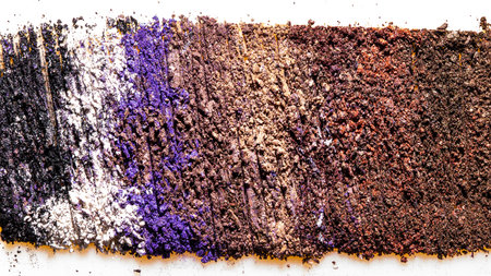 Flat lay of brush stroke. Broken shiny color eyeshadow as sample of cosmetic beauty product isolated on white backgroundの写真素材