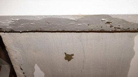 Flooding rainwater, causing damage, peeling paint and mildew.の写真素材