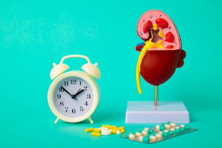 Health check up and disease prevention concept. Anatomical model of human Kidney and alarm clock with medicines close-upの写真素材