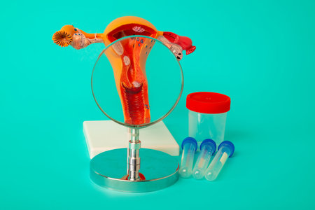 Anatomical model of human female reproductive organs with magnifying glass and test tubes and jar for analysis on blue background. Early diagnosis and treatment.の写真素材
