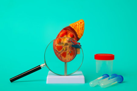 Anatomical model of human kidney with magnifying glass and test tubes and jar for analysis on blue background. Early diagnosis and treatment.の写真素材