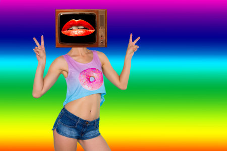 Modern minimal retro collage art. Tv Lady shows victory sign on rainbow background. News, propaganda concept.の写真素材