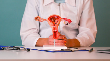 Woman gynecologist demonstrating model of female reproductive system in medical clinic. Gynecological care and healthy female reproductive system concept.の写真素材