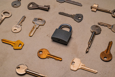 check-lock and different keys on concrete background conceptの写真素材