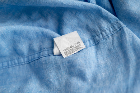 Clothing label on light blue garment, top viewの写真素材