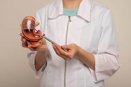 woman doctor pointing at stomach mockupの写真素材