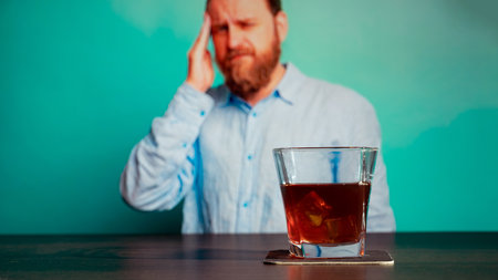 Glass of whiskey on the bar in front of the blur image suffering from headache migraineの写真素材