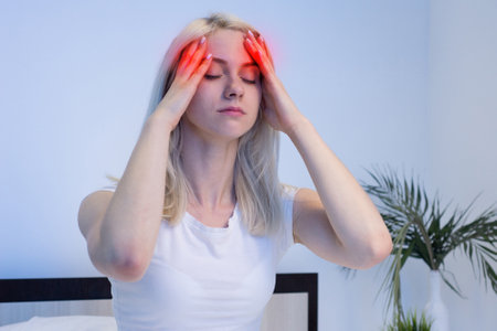 Young Woman in bad with hand on head for pain in head. Suffering migraine.の写真素材
