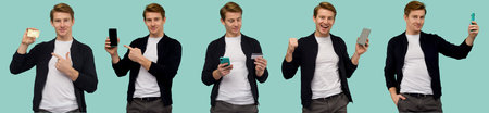 Collage of five images beautiful sports red-haired guy conducts online payment and looks at the...