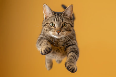 funny cat flying. photo of a playful tabby cat jumping mid-air looking at camera.の素材