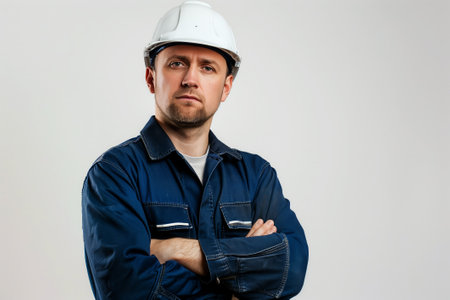 male construction worker in a helmet stands with his arms crossed isolated on whiteの素材
