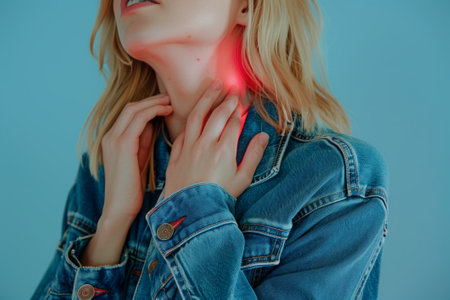 A young girl has a sore throat. Thyroid problemsの素材